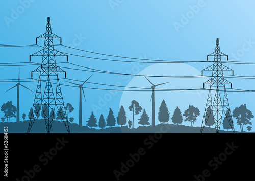 Power high voltage electricity tower line in countryside forest