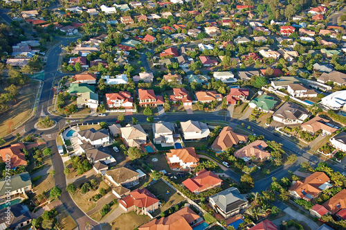 Aerial view of the suburbs roofs near Brisbane, Australia.