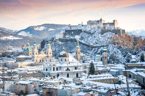 Salzburg skyline with Fortress Hohensalzburg in winter, Austria