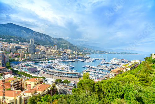 Monaco Montecarlo principality aerial view. Azure coast. France