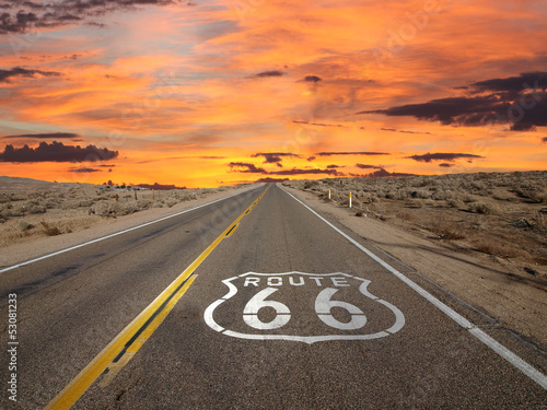 Route 66 Pavement Sign Sunrise Mojave Desert