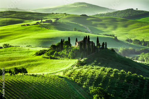 Beautiful sunrise in San Quirico d'Orcia, Tuscany, Italy