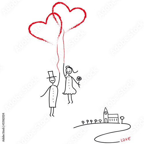 Hochzeitspaar mit Luftballon - Herzen und Kirche. Auf gehts in die Flitterwochen. Ein Paar fliegt in den Honeymoon, die Hochzeitsreise und geniesst das Glück. Frisch verheiratet.