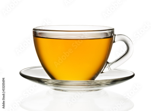 Transparent cup of tea isolated on white background