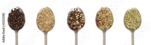 variety of spices on metal spoon over white background