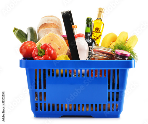 Plastic shopping basket with variety of grocery products