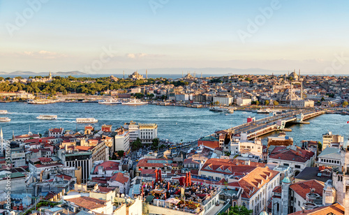 Istanbul skyline at sunset, Turkey. Aerial view of Golden Horn and old town . 