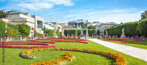 Panoramic view of famous Mirabell Gardens in Salzburg, Austria