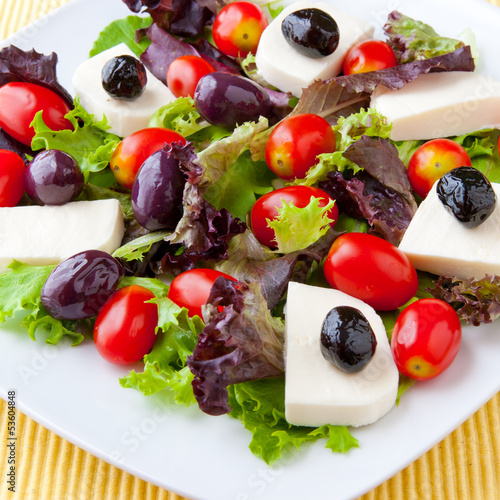 Fresh spring mix salad with tomatoes, mozzarella and olives.