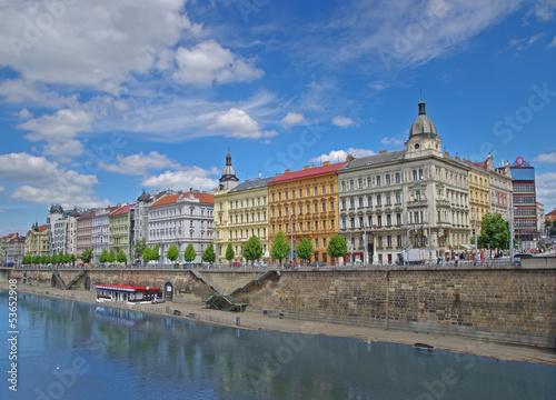 View of historic buildings and river in Prague, Czech Republic