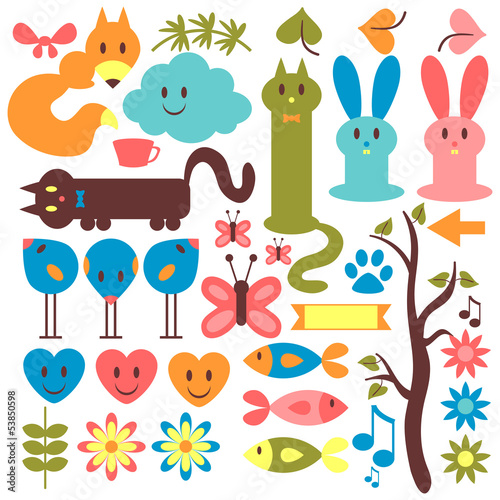 Set of cute animals and floral elements