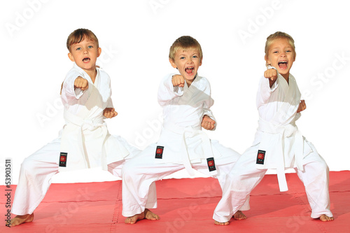 Three children in kimono hit a punch on a white background