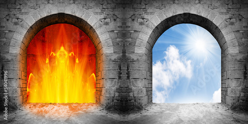 Two ancient gates to heaven and hell. Choice concept.