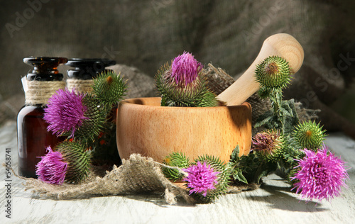 Medicine bottles and mortar with thistle flowers