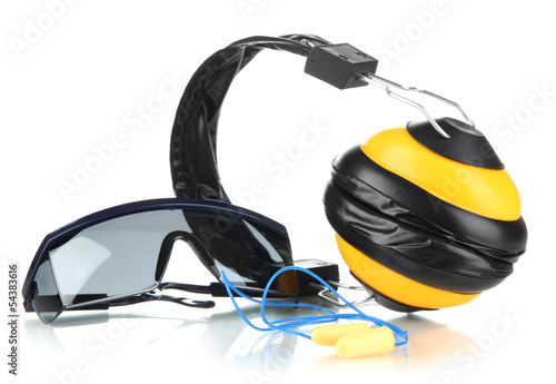 Eyeglasses tools and headphones isolated on white