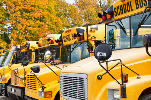 Row of yellow school buses against autumn trees