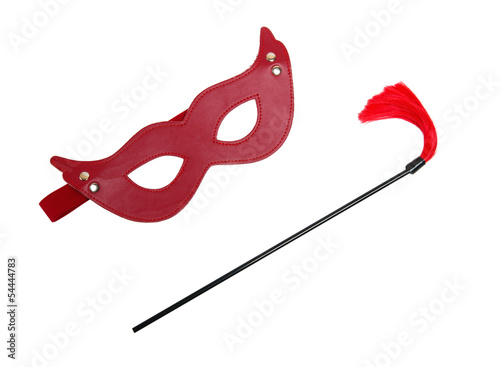 Red fetish mask and a whip