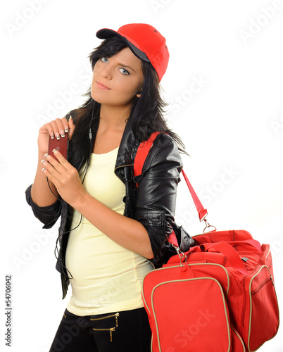 Young woman with bag and mobile.