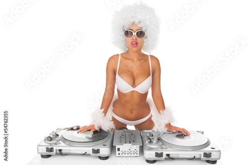 sexy dj woman on white djing
