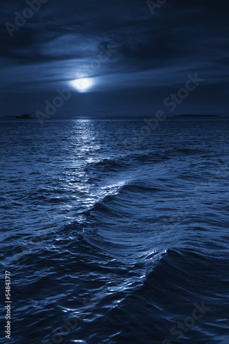 Beautiful Midnight Ocean View With Moonrise And Calm Waves