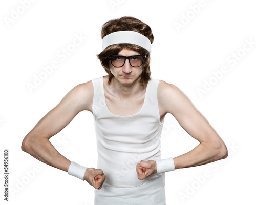 Funny retro nerd flexing his muscle isolated on white background