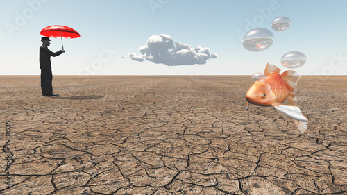 Man and floating fish in desert