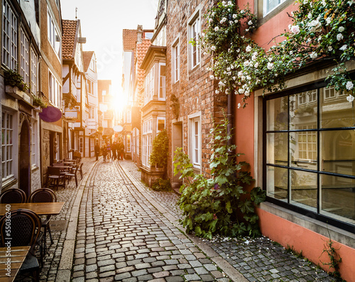 Historic Schnoorviertel at sunset in Bremen, Germany