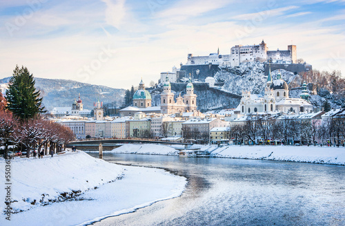 Salzburg skyline with river Salzach in winter, Austria