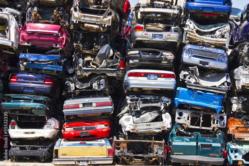 Discarded Junk Cars Piled Up After Crushing