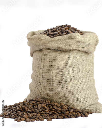 bag of coffee beans isolated on white background