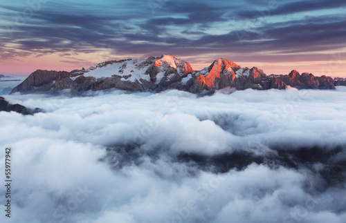 Mountain Marmolada at sunset in Italy dolomites at summer