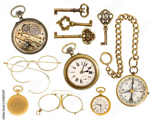 golden collectible accessories. antique keys, clock, glasses, co