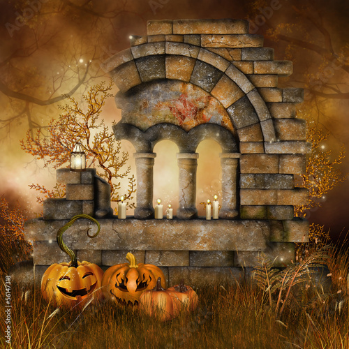 Ruiny na łące i dekoracje na Halloween