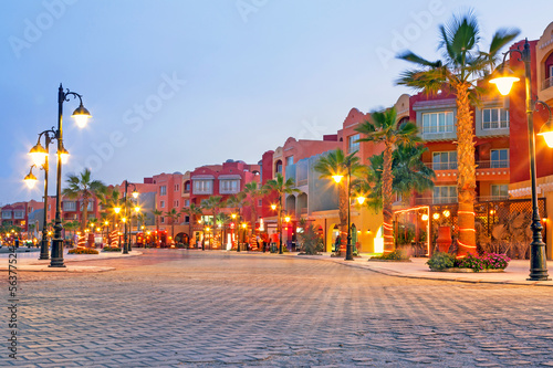 Beautiful architecture of Hurghada Marina at dusk in Egypt