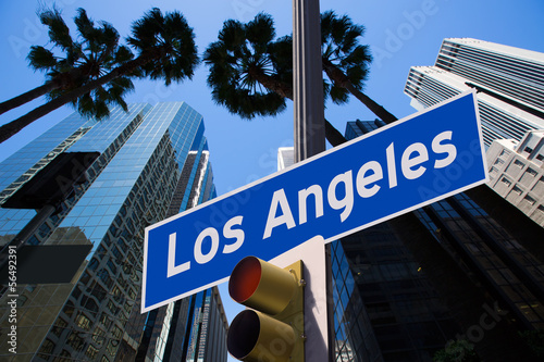 LA Los Angeles sign in redlight photo mount on downtown