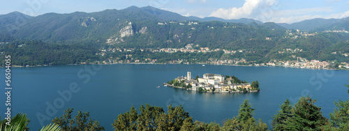 Overview at lake Orta with the island of San Giulio, Italy