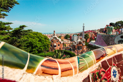 The Famous Summer Park Guell over bright blue sky in Barcelona