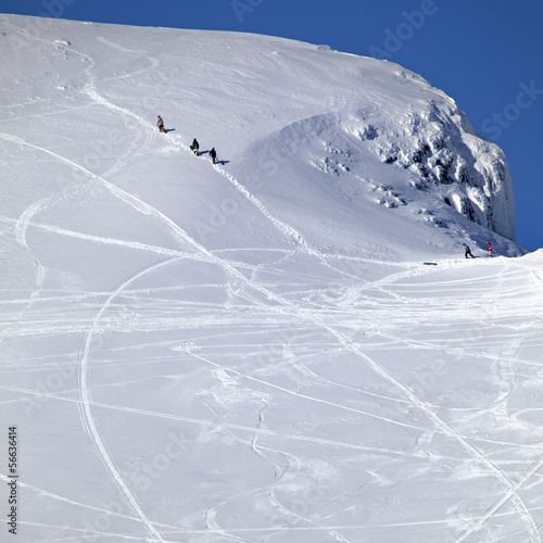 Climbing to the top. Khibiny mountains, Russia.