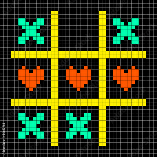 8-bit Pixel Art Tic Tac Toe With Kisses and Love Heart Symbols