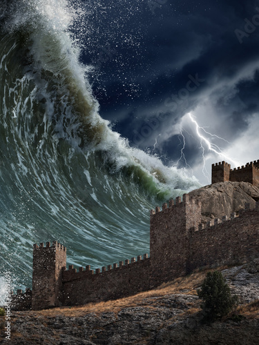 Giant tsunami waves crashing old fortress