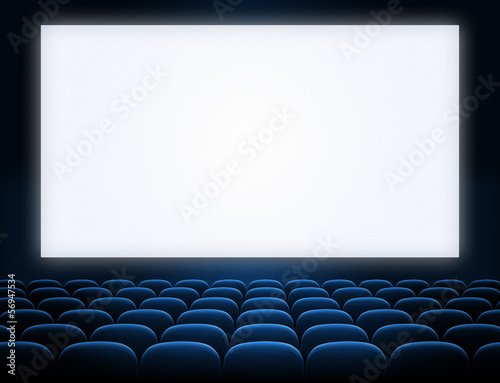 cinema screen with open blue seats