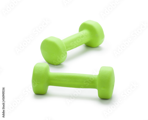 small green dumbbells, isolated in white