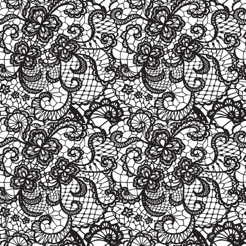 Lace black seamless pattern with flowers on white background