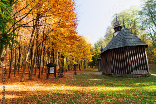 zapytkowe drewniane kapliczki, jesień w lesie łagiewnickim, Łódź