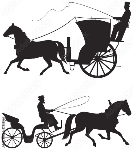 Horse taxicab vector silhouettes