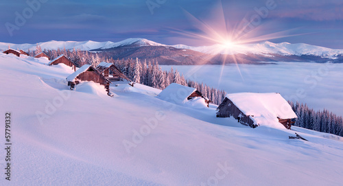 Colorful winter morning in the Carpathian mountains.
