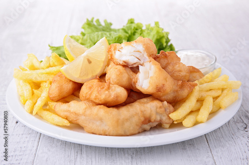 fish and chips with salad and sauce