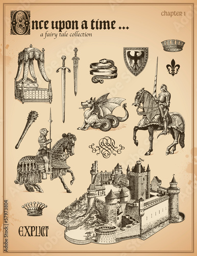 fairy tale collection with knights and medieval castle