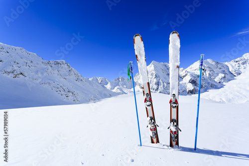 Ski, winter season , mountains and ski equipments