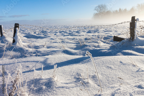 Barbed wire fence with snow covered ground